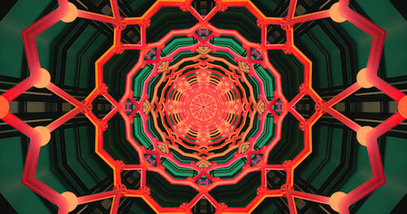 This artwork features a vivid geometric pattern with intricate shapes and bright colors. The design...