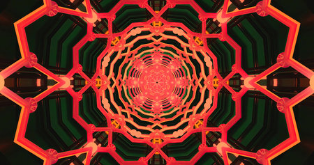A mesmerizing pattern features interlocking shapes in orange and red against a dark background. The...