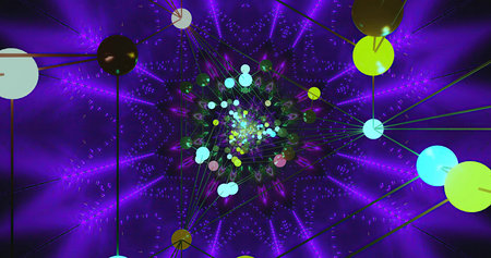 A vibrant abstract design features an array of colorful circles and lines in a kaleidoscopic...