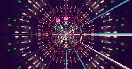 Bright, colorful lights create an abstract pattern in a dynamic space. Different hues radiate from...