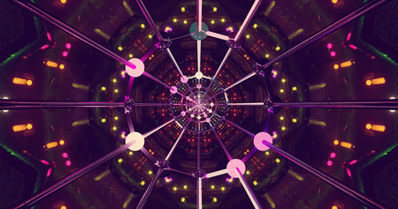Bright, colorful lights create an exciting atmosphere in a contemporary art installation. The...