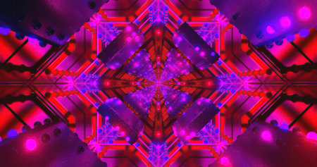 Bright neon lights form an intricate geometric pattern, creating a sense of depth and energy. The...
