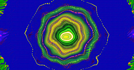 Colorful abstract artwork features concentric circles with swirling patterns. The bright greens,...