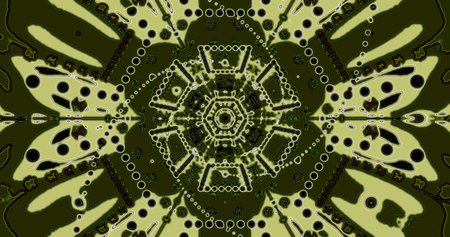 A detailed abstract design features various green and black shapes arranged in a symmetrical...