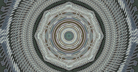 This artwork features a detailed circular design made of swirling lines and layered shapes. The...