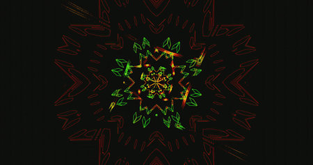 This artwork displays a colorful mandala with intricate shapes and vibrant hues. The design features...