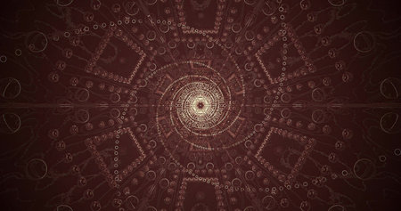 A complex geometric design featuring swirling patterns and shapes in dark brown shades. The...