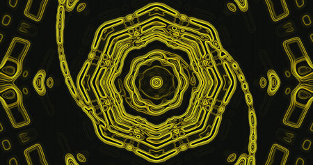Bold yellow lines create a captivating spiral pattern against a dark background. This unique...