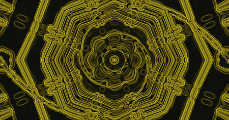 A complex pattern of yellow lines forms a circular design against a black background. The intricate...