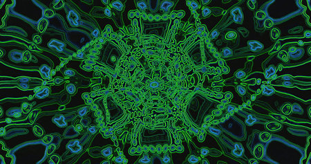 Bright green and blue shapes converge in a swirling pattern against a dark backdrop. This colorful...