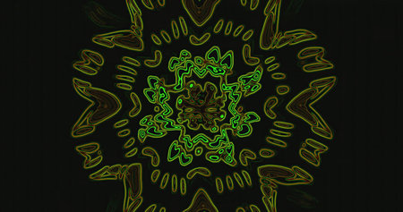 This artwork displays a captivating abstract design featuring swirling green patterns against a dark...