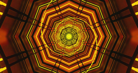 A stunning view of a geometric tunnel filled with warm orange and yellow lights. The symmetrical...
