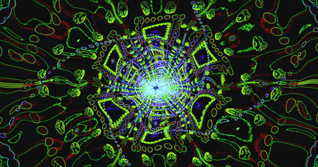 Bright colors and intricate patterns create a vibrant abstract design, resembling a cosmic flower....