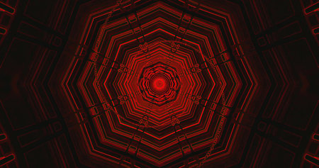 Intricate geometric shapes form a spiral pattern filled with bright red hues. The design creates a...