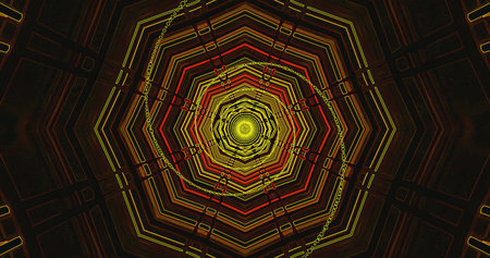 A vibrant, swirling pattern of concentric shapes and colors draws the eye towards a glowing center....