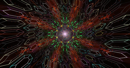 Bright geometric shapes swirl and expand outward in a vibrant display. The intricate design features...