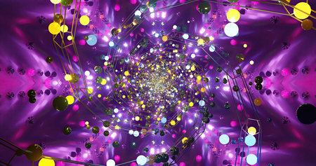 A swirling pattern of vibrant lights and colors forms a captivating spiral pattern. The scene...