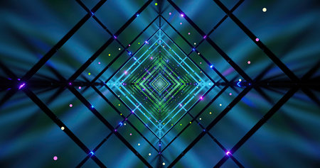 Bright blue and green lights form a captivating geometric pattern in a dark space. The lights pulse...
