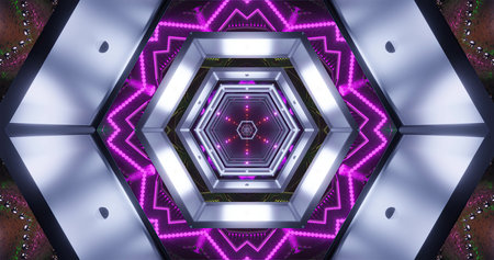 A striking hexagonal design illuminated by vibrant purple and white lights. The modern aesthetic...