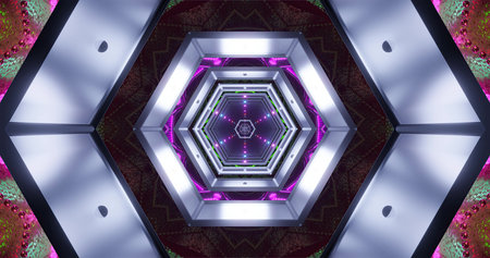 A vibrant display of hexagonal shapes and colorful lights creates an eye-catching design. The...
