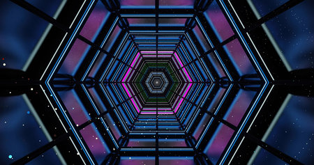 Colorful neon lights form a captivating tunnel that stretches infinitely. The design features a...