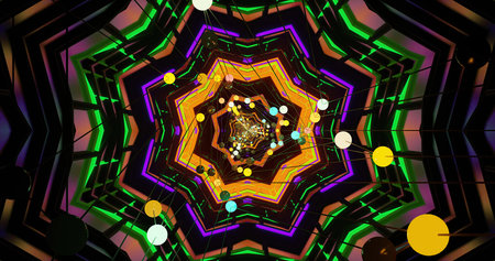 A colorful spiral design displays bold shapes and neon lights. The pattern creates an illusion of...