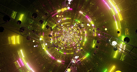 A bright tunnel filled with glowing lights swirls in a spiral pattern. Different colors illuminate...