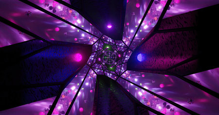 A vibrant light display fills a geometric tunnel with shades of purple and pink. The colorful lights...