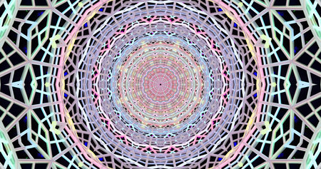 A vibrant geometric pattern fills the frame, featuring delicate lines and shapes arranged in a...