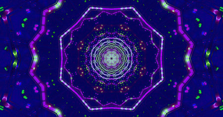 Bright and colorful shapes create a kaleidoscope effect with swirling patterns.