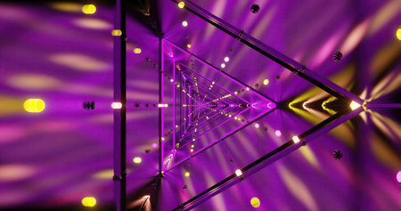 This scene features a dynamic tunnel illuminated by purple lights. The triangular structure displays...