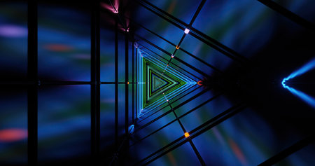 Bright colors form a stunning triangular pattern as lights illuminate a dark space. The vibrant...