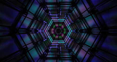 Bright neon lights create a vibrant tunnel effect in a modern art space, showcasing intricate...