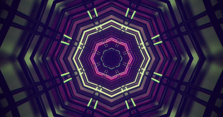 Vibrant colors reflect from geometric shapes in a modern tunnel. The intricate design creates a...