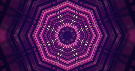 Intricate shapes and vibrant colors create a mesmerizing display. The repeated hexagonal patterns evoke a sense of depth and movement in a digital environment.の写真素材