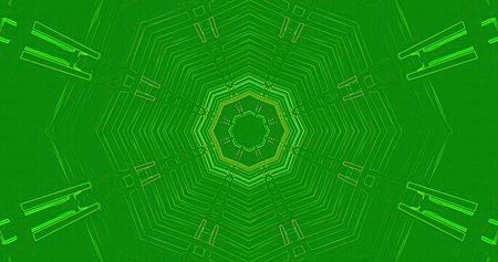 A striking geometric pattern forms a hexagonal shape in shades of green. It showcases intricate...