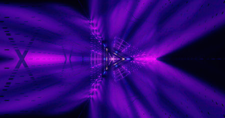 Bright purple light beams form intricate patterns in a dark space. The vivid design gives a sense of...