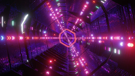 A colorful tunnel filled with vivid neon lights creates a mesmerizing atmosphere. The lights reflect...