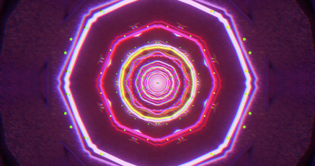 Swirling neon lights create a vibrant geometric pattern against a dark backdrop. The colors pulse...