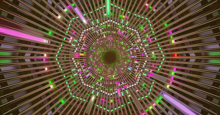 A dynamic light tunnel filled with colorful, glowing patterns. Bright greens, pinks, and other...