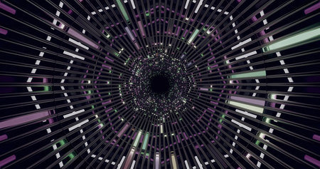 Vivid lines of light stretch into a dark tunnel. The design creates a sense of movement and depth,...