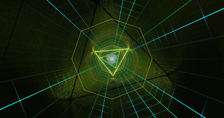Bright neon lines form a geometric design in a dark tunnel. The patterns create an illusion of...