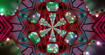 Colorful lights and geometric shapes create a mesmerizing effect in a digital space. The contrasting colors and patterns draw the eye into a captivating visual experience.の写真素材