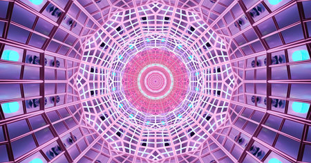 Complex shapes and bright colors form a mesmerizing pattern resembling a tunnel. This artwork draws...