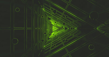 The view looks upward through a striking triangular structure. Neon green lines and spheres form an intricate pattern that captivates the eye, creating a sense of movement and depth.の写真素材