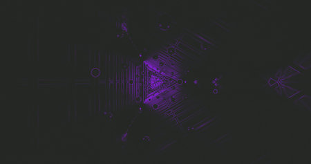 Vivid purple light forms intricate geometric shapes against a dark background. The artwork conveys a...