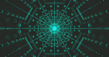 A mesmerizing design featuring intricate geometric patterns and vibrant turquoise light effects...