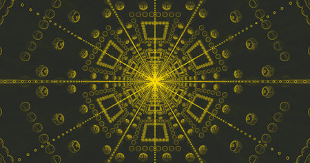Complex geometric patterns radiate from a central yellow star against a dark background, creating a...