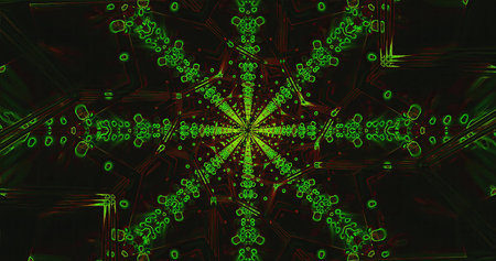 A striking pattern featuring a vibrant green star-like design. The artwork radiates energy with...
