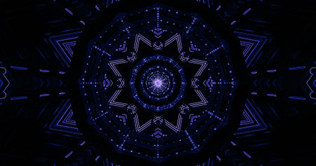 Vivid abstract design features a symmetrical geometric pattern illuminated by glowing blue and...
